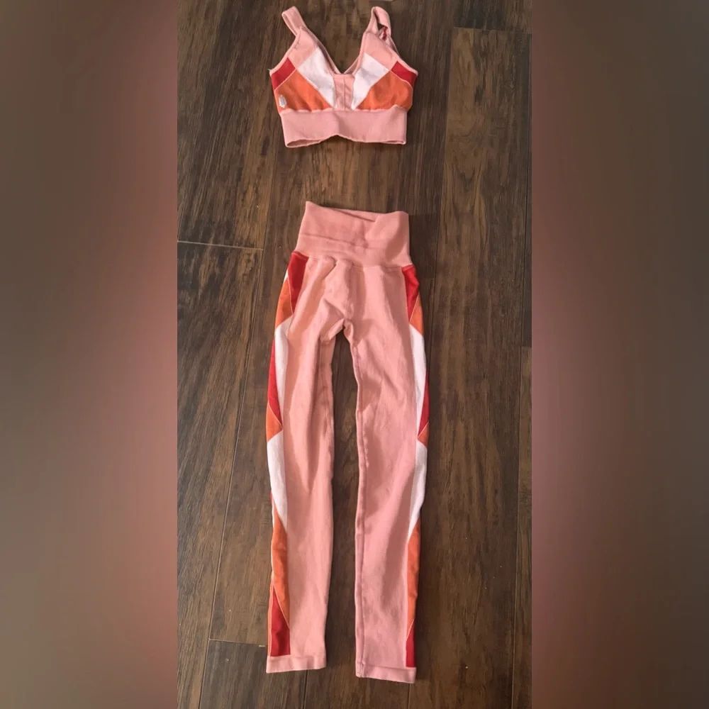 Free People Movement Pink Combo Colorblock Diamond Seamless Knit Legging Bra Set